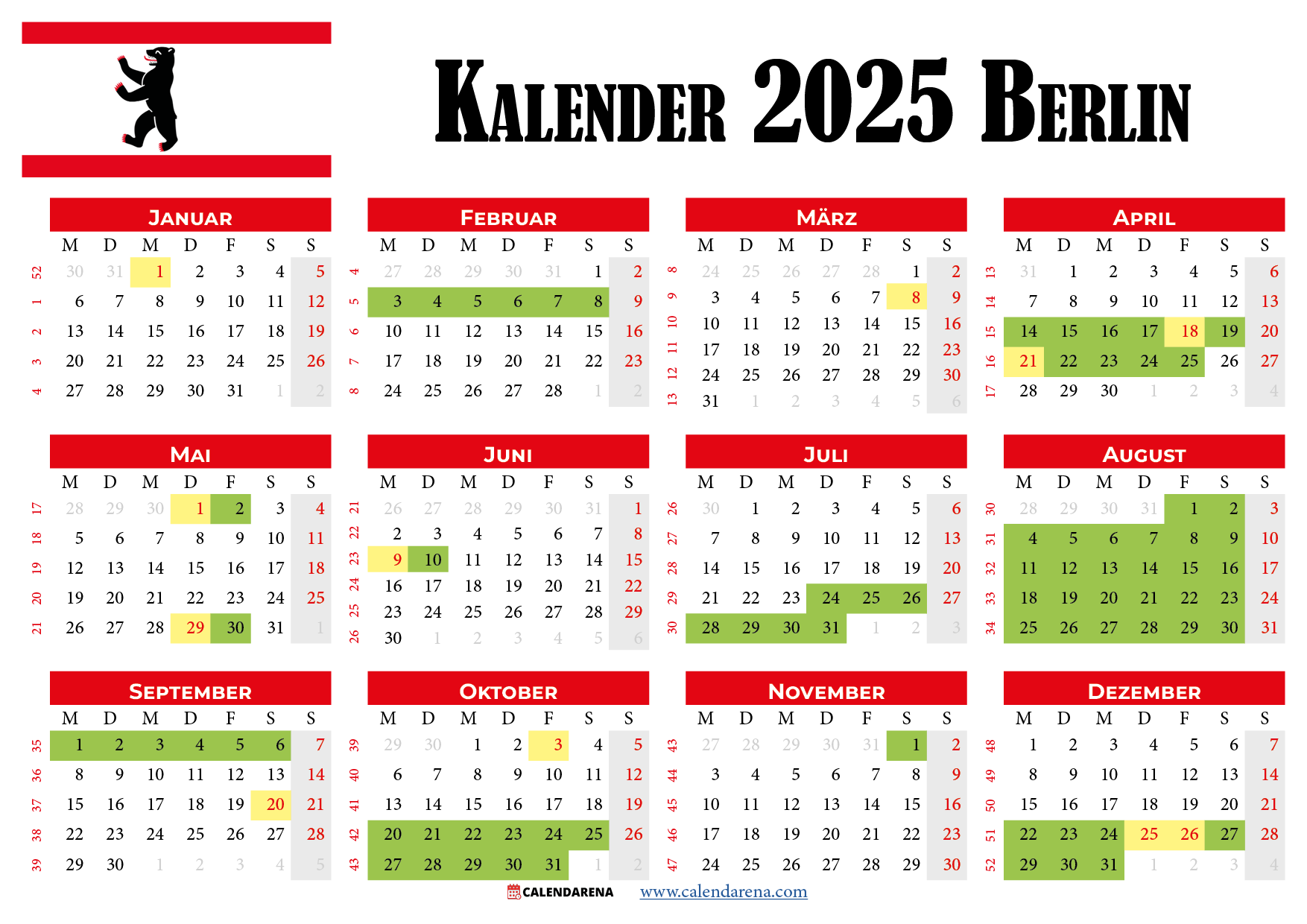 Kalender 2025 + Feiertage ,Ferien Berlin