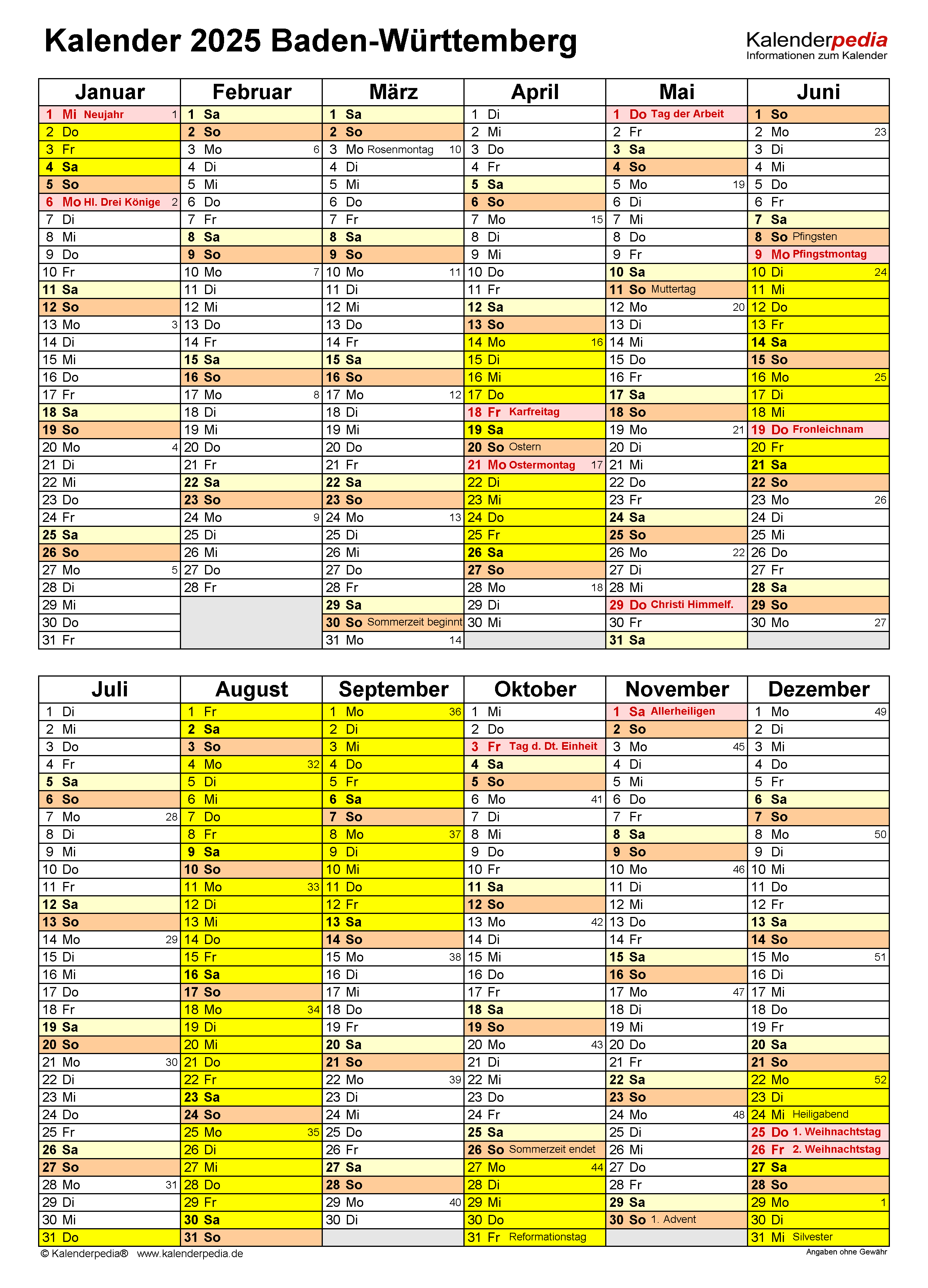 Zeitrechnung 2025 Mit Feiertagen BW Zum Ausdrucken - Kalender 2025 mit