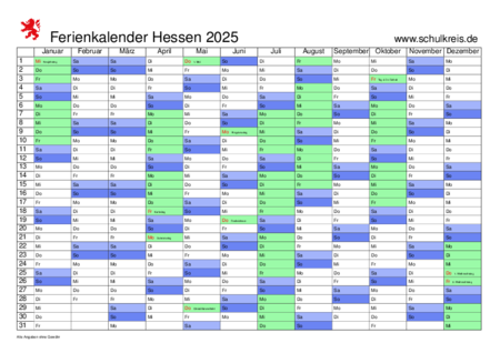 Kalender 2025 Hessen zum Ausdrucken kostenlos online