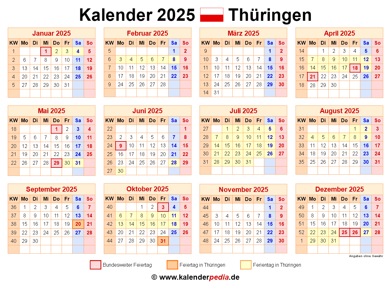 Kalender 2025 Thüringen: Ferien, Feiertage, PDF-Vorlagen