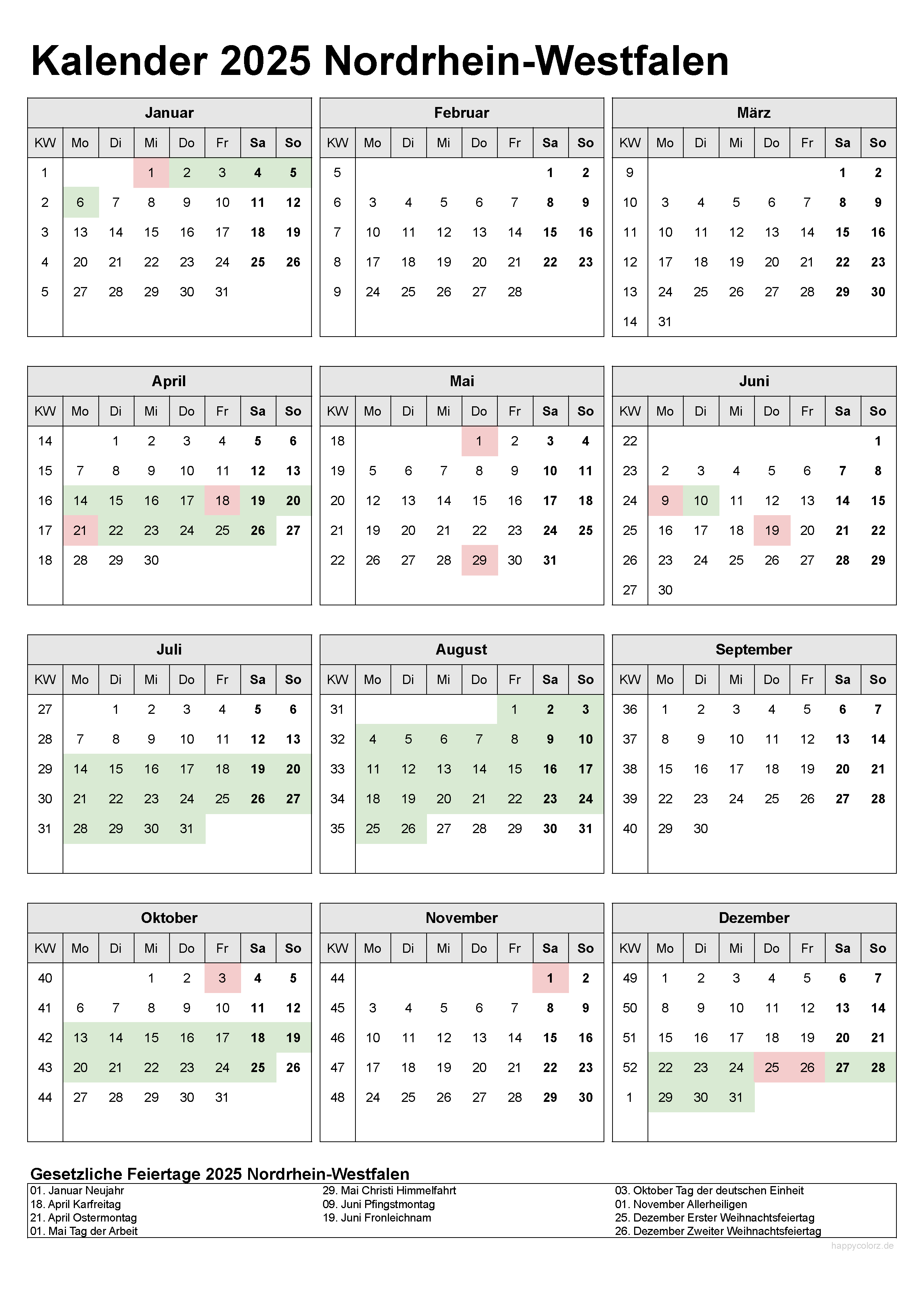 Kalender 2025 NRW kostenlos: Ferien-Übersicht, Feiertage, PDF-Vorlagen