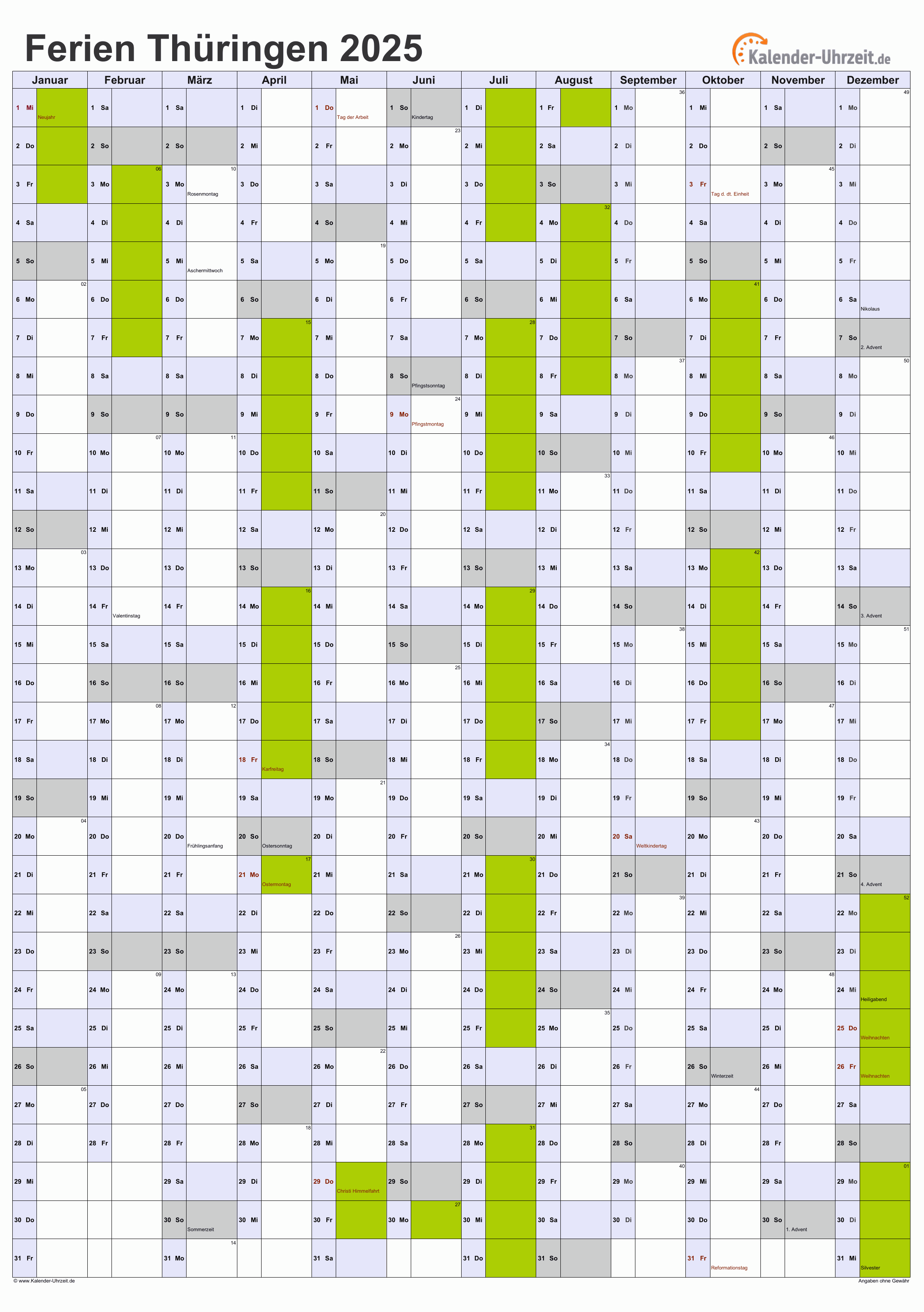 Ferien Thüringen 2025 - Ferienkalender zum Ausdrucken